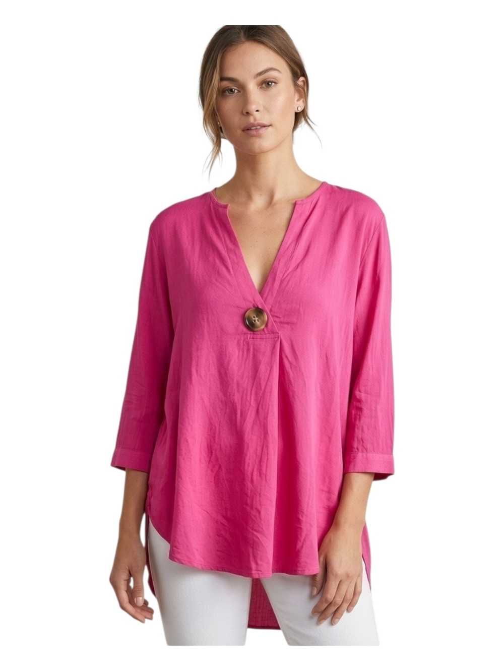 Relaxed V-Neck Button Tunic in Fuchsia